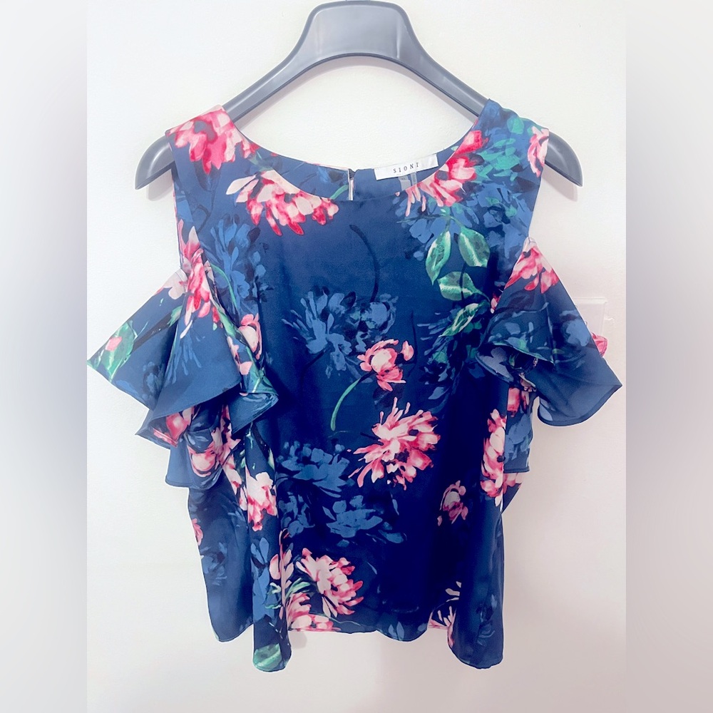 Sioni Floral Ruffle Sleeve cold shoulder short sleeve Top Navy blue & Pink